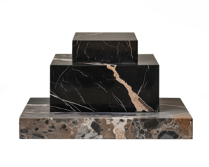 A black and white marble sculpture with a brown and white base