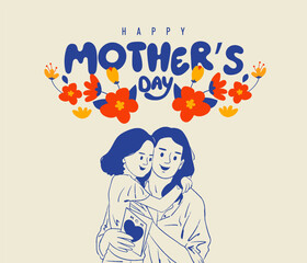 Happy Mother's Day lettering with Mother and Daughter vector illustration for social media banner