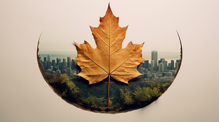 Obraz premium autumn leaf with cityscape