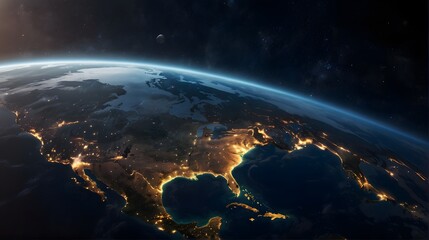 Space view with city lights of each country on land and sunlight, galaxies and space concept