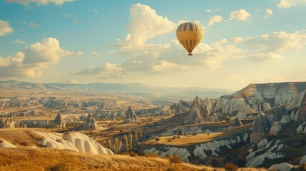 Beautiful of ridge landscape with hot air balloon flying in the sky. generative AI image