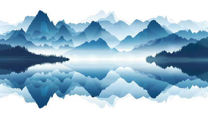 Vector landscape with silhouettes of blue mountains with reflection in lake with white background
