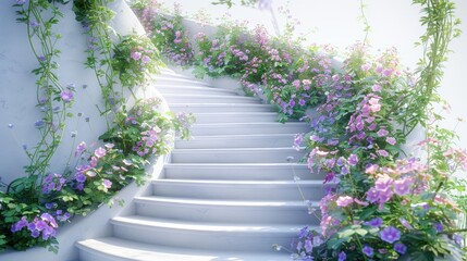 A white staircase with purple flowers growing on it