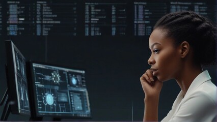 AI cyber security threat illustration, black african american female IT specialist analysing data information technology, augmented reality artificial intelligence collage, sdoctor working on computer