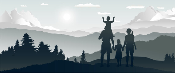 Happy family travel forest and mountain panorama landscape.