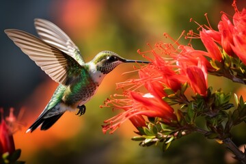 Fototapeta premium Hummingbird feeding on vibrant red flower