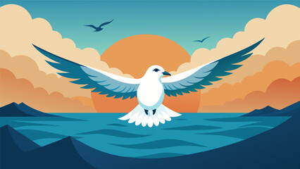 A seagull flies gracefully over the ocean reminding us of the stoic idea of detaching ourselves from external circumstances and focusing on inner. Vector illustration