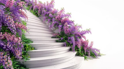 A white staircase with purple flowers on it
