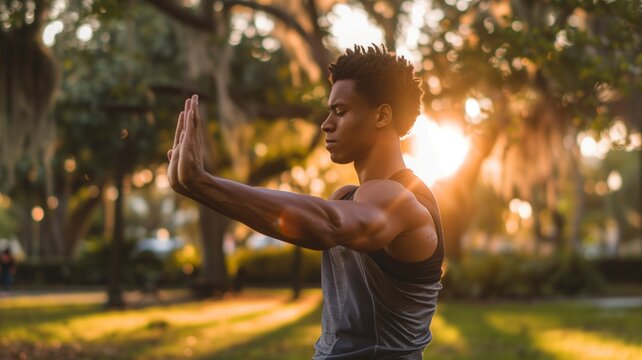 Warm-Up in the Park, An African-American man stretches during his warm-up routine in the morning air of the park.