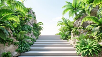 A lush green jungle with a white staircase leading up to a cliff