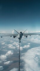 A combat drone refueling in mid-air, extending its reach for long-duration missions