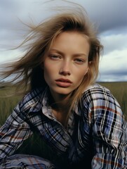 Fototapeta premium Windswept beauty in a plaid field
