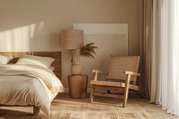 Home interior mock up, cozy modern room with natural wooden furniture. Modern interior design