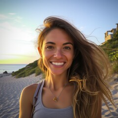 Smiling woman with windblown hair on beach