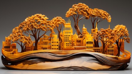 Autumn cityscape with golden trees and buildings
