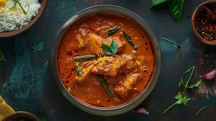 Realistic image of kerala style fish curry in a bowl with bakground