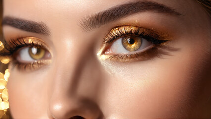 Obraz premium Bright eyed woman with illuminating eye serum radiant glow smoothing essence soft champagne light