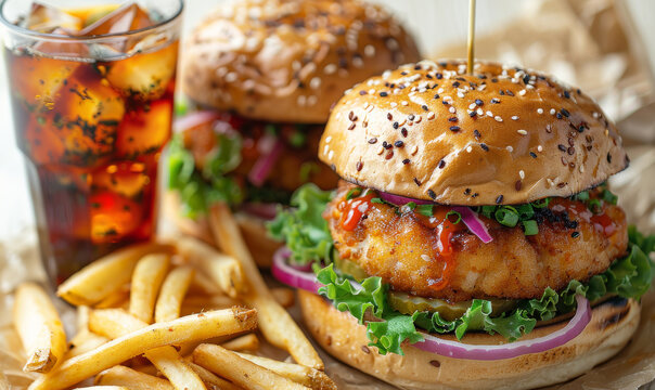 Generative ai illustration of a fishburger with salad and french fries