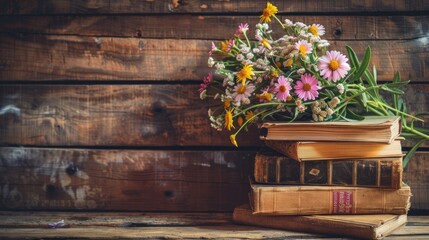 Old books stack with bouquet of flowers on wood background. Generated AI
