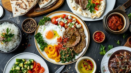 top view on a white plate with Armenian food, studio shot, flat lay, top view, background