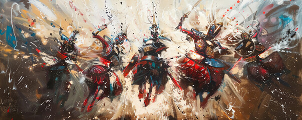 Capture the grandeur of the low-angle view as cyborg warriors elegantly execute intricate folk dances, blending raw power with graceful precision, in a dynamic oil painting