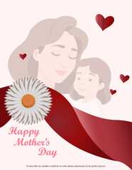 Mothers Day card with cute trendy watercolor illustrations of mom and daughter, bouquet of spring flowers, modern typography
