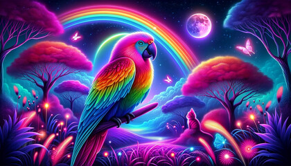 Neon-hued parrot set within a fantastical landscape filled with rainbows