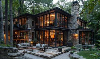A French chateau made of stone and black steel that blends modern design with rustic charm nestled in the woods