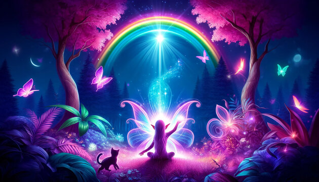Neon-hued elf set within a fantastical landscape filled with rainbows