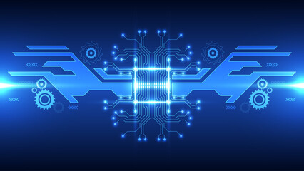 Abstract technology chip processor background circuit board and code, illustration blue technology background vector.