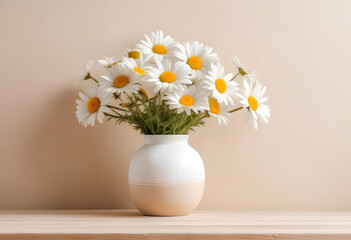 A bouquet of white daisies in a ceramic vase on a beige wooden table with a white textured wall 