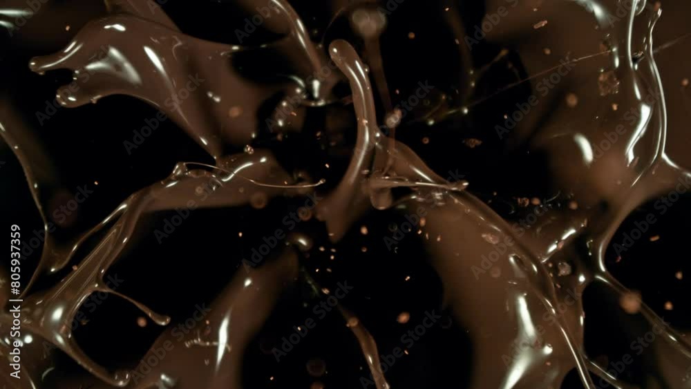 Canvas Prints super slow motion of falling group of chocolate chunks. moving down and splashing into melted chocol