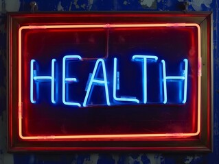Bright neon sign spelling out the word HEALTH in blue within a red frame, mounted on a distressed blue wall.