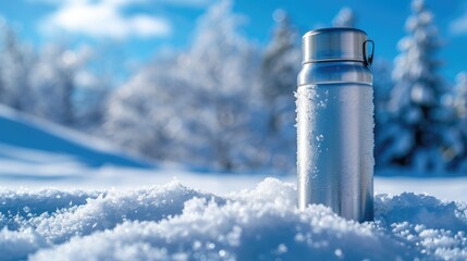 Obraz premium Close-up of a thermal flask in a snowy setting, keeping drinks hot in a cold environment