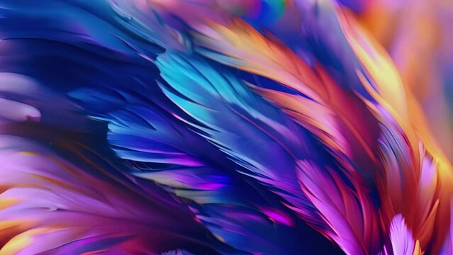 Neon feathers moving smooth. Abstract feather rainbow background. Closeup image fluffy feather under colorful pastel neon. 4k video Beautiful abstract effect