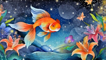 綺麗な金魚と花火、百合と共に夏の香りを届ける透き通るような水墨画風のイラスト、夜空の壁紙とグラデーション  generated by AI