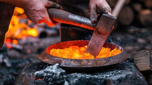Close-up of a metalworker transitioning from a hot forge to a cold water quench