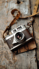 Vintage camera with leather strap on rustic wooden background