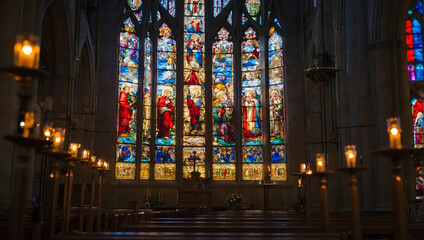 Radiant Cathedral Glow, Stunning Stained Glass Window Illuminated by Brilliant Sunlight Beaming Through the Church Aisle.