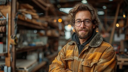 Obraz premium Skilled Carpenter Using Mobile Phone in Workshop