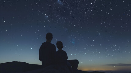 Silhouettes of a father and child stargazing 