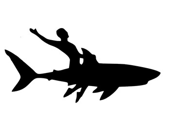 black silhouette of Man riding a great white shark. illustration. isolated on white background. rider.