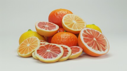 A bunch of citrus fruits, orange, grapefruit, lemon on a white background.