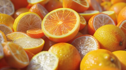 Fototapeta premium A bunch of citrus fruits, orange, grapefruit, lemon. Sliced fruits.