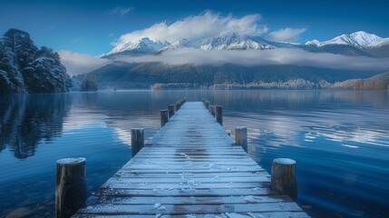 A lake surrounded by mountains, a pier on the lake.