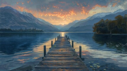 A lake surrounded by mountains, a pier on the lake. Summer season. Woodland.