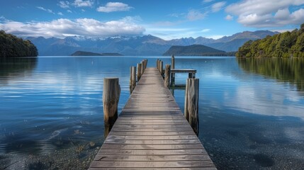 Fototapeta premium A lake surrounded by mountains, a pier on the lake. Summer season. Woodland.