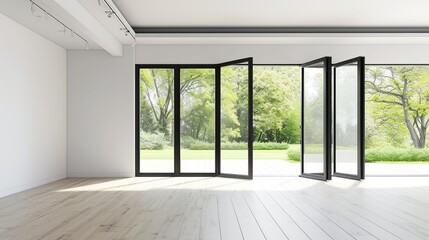 Modern contemporary loft empty room with open door to garden. Generative Ai