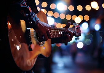 Naklejka premium Guitarist Playing Acoustic Guitar on City Street at Night with Bokeh Lights