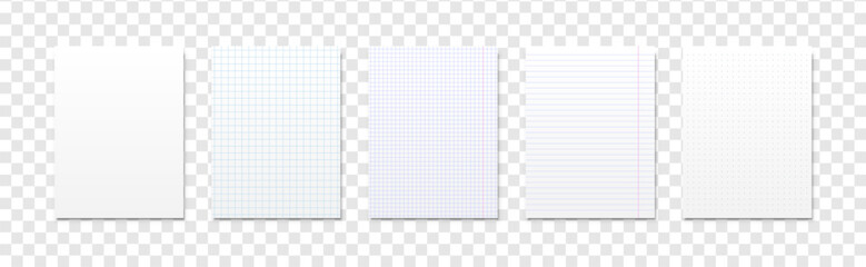 Vector set of white paper sheet. Realistic notebook pages with lines, squares and dots. Clean and grid school notebook page with shadow on transparent background.